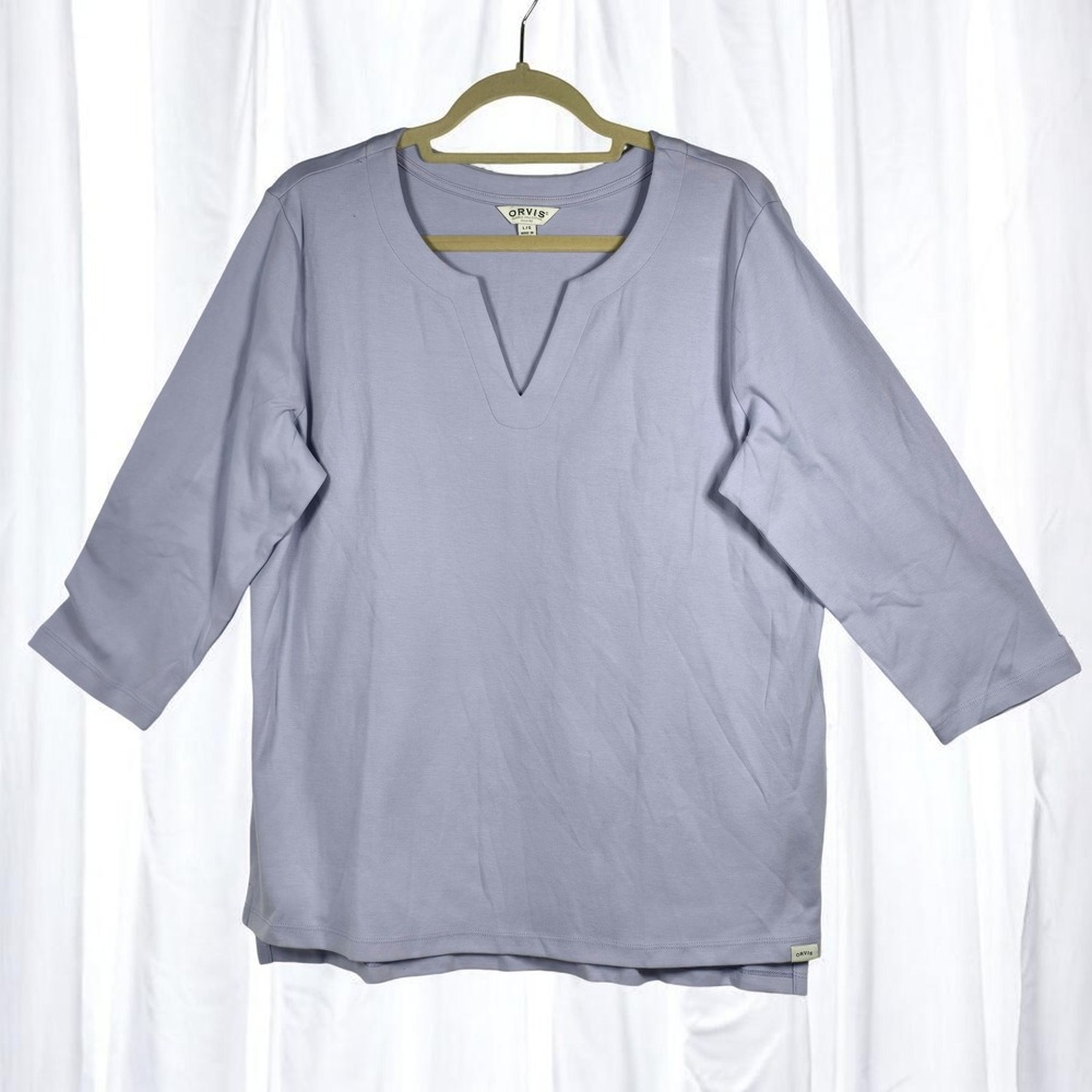 Orvis Womens Lavender Pima Cotton 3/4 Sleeve Notch V-Neck Top Large Purple Solid